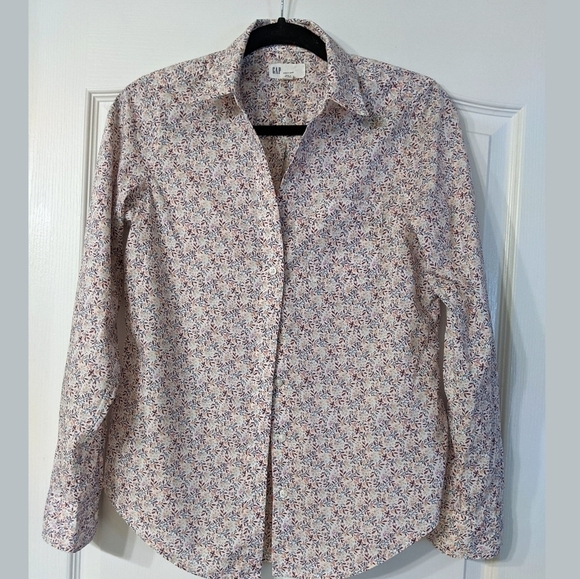 GAP Perfect Shirt V-Neck Button Down Cotton Floral Print Pink Navy Red - sz XS - Picture 2 of 10